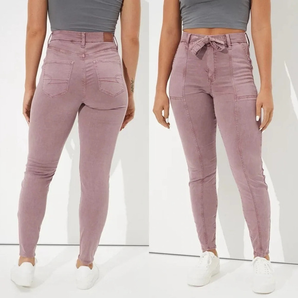 NWT American  Eagle AEO Hi Rise Jegging Super Stretch Mauve Lilac Pants Tie Sz 0 - Picture 3 of 16